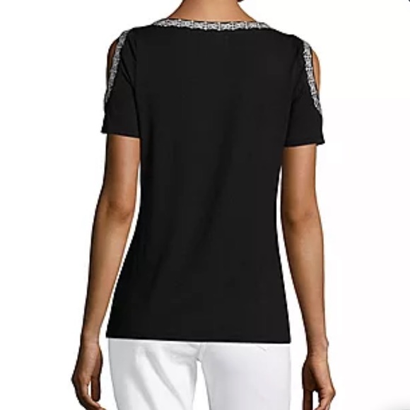 Liz Claiborne Black Cold Shoulder Top with White Embroidery Size Small - Picture 8 of 8